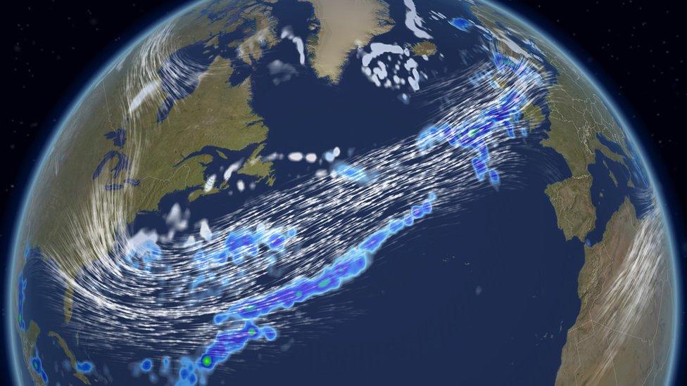 A weather chart showing the jet stream blowing across the Atlantic