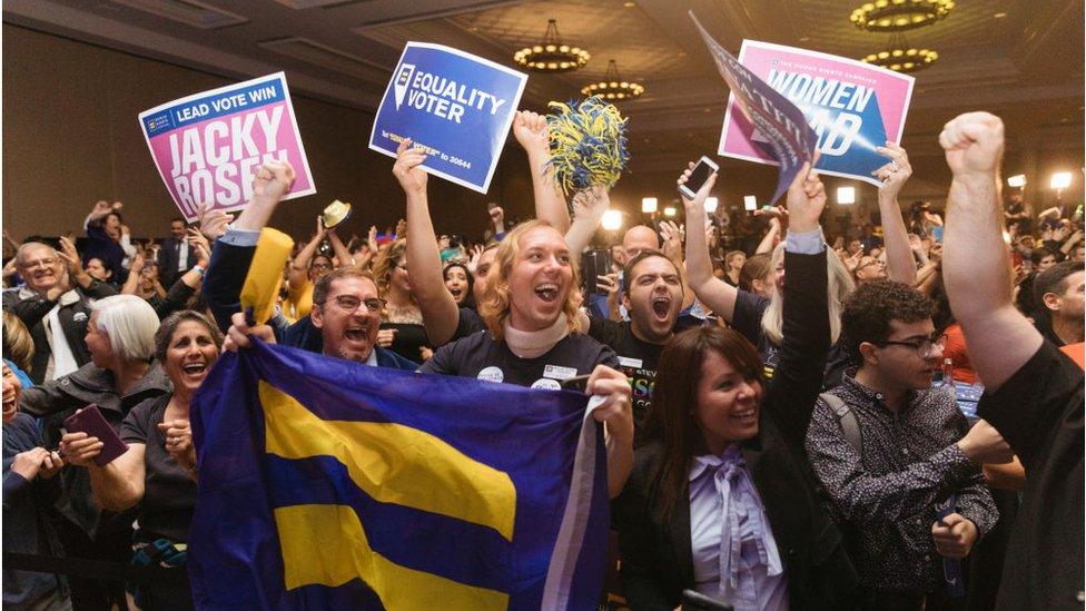 A crowd of supporters cheer for Rep. Jacky Rosen (D-NV) during the NV Democrat's Election Night Event