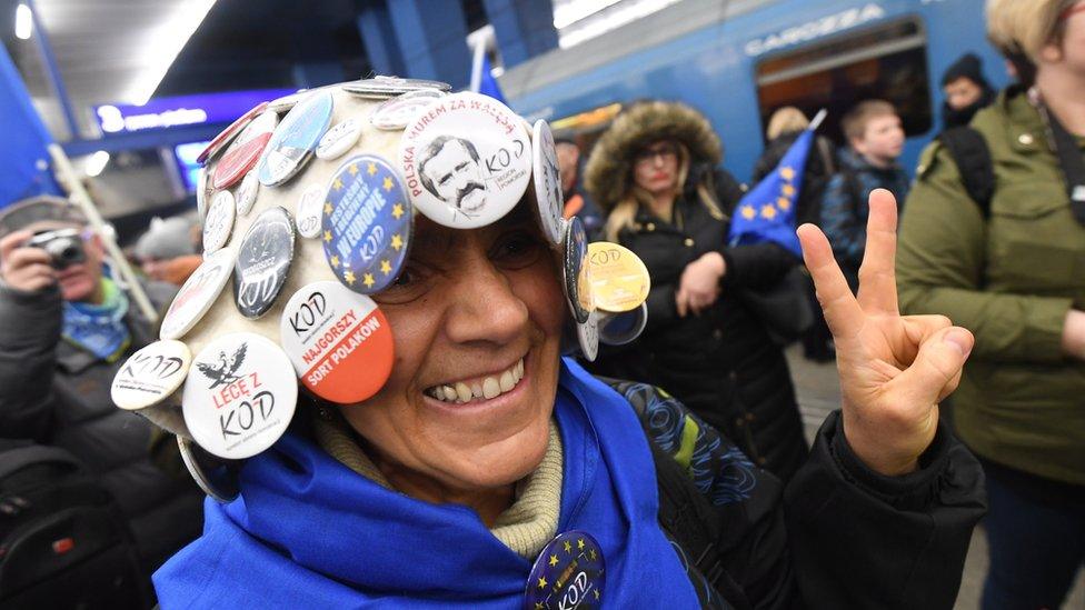 A supporter of the former Polish Prime Minister and European Council President Donald Tusk at the Central Railway Station in Warsaw, Poland, 19 April 2017