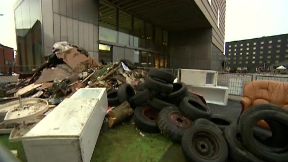 Fly-tipped rubbish outside Walsall Art Gallery