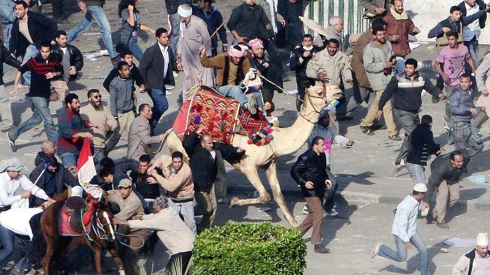 Supporters of Hosni Mubarak ride a horse and a camel towards protesters in Tahrir Square, Cairo (2 February 2011)