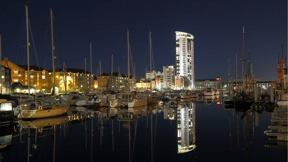 Swansea Marina on a cold, still night by John Minopoli