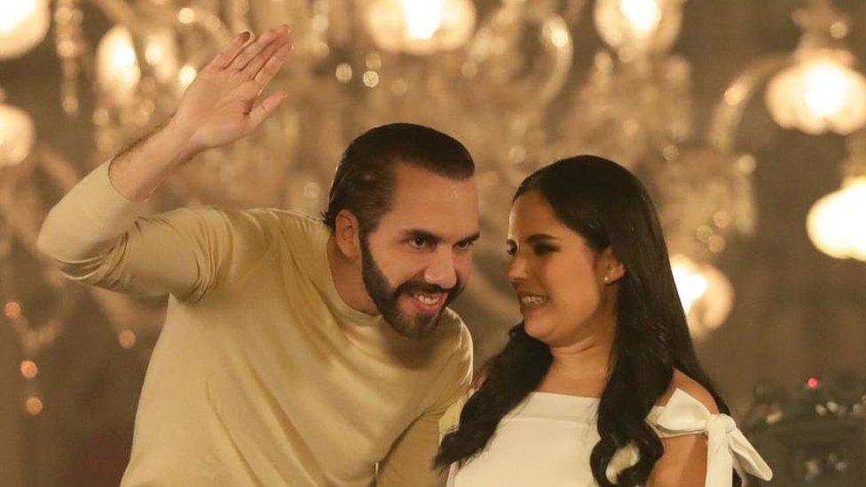 Current president and winner of reelection, Nayib Bukele (L) is seen from the National Palace with his wife Gabriela Rodriguez de Bukele (R) in San Salvador, El Salvador, 04 February 2024.