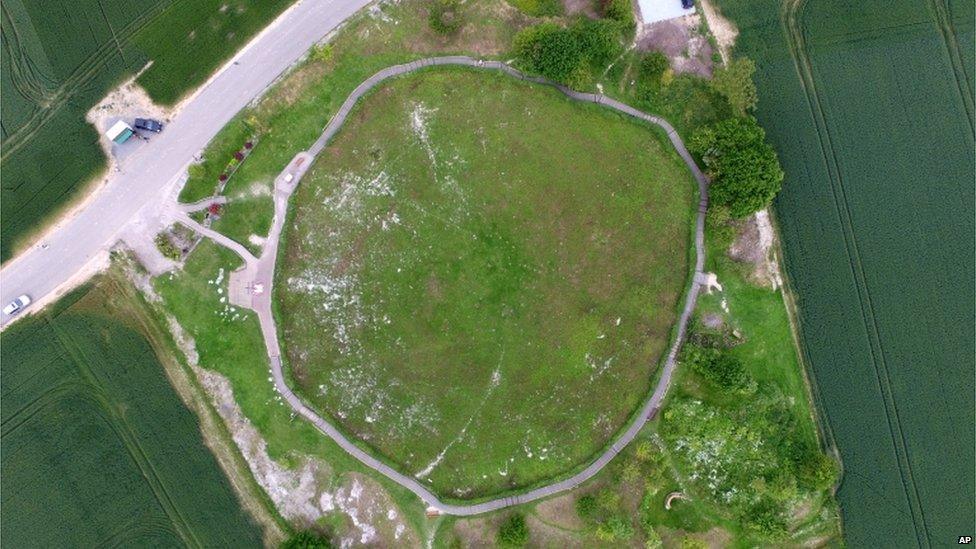 A crater created by a mine which was blown under a field during the opening day of the Battle of the Somme