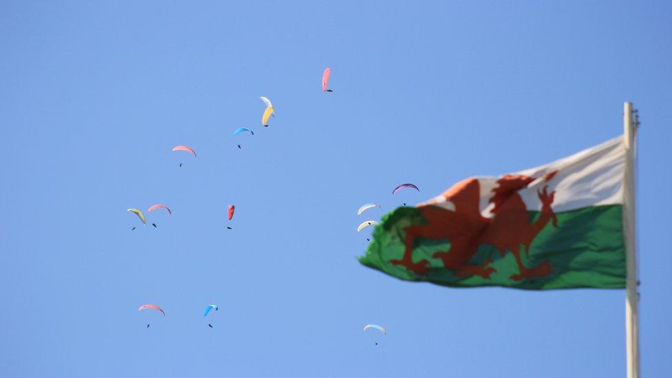 paragliders over Chirk Castle, Wrexham