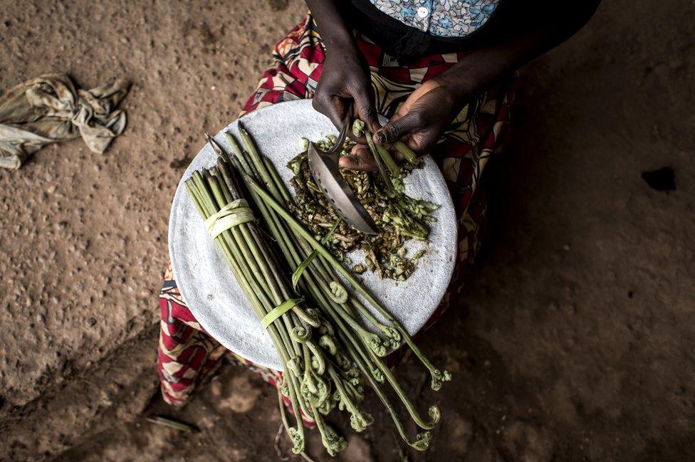 A Displaced person prepares Misili, a local vegetable, inside an abandoned warehouse, which is used by Internally Displaced Persons as a shelter