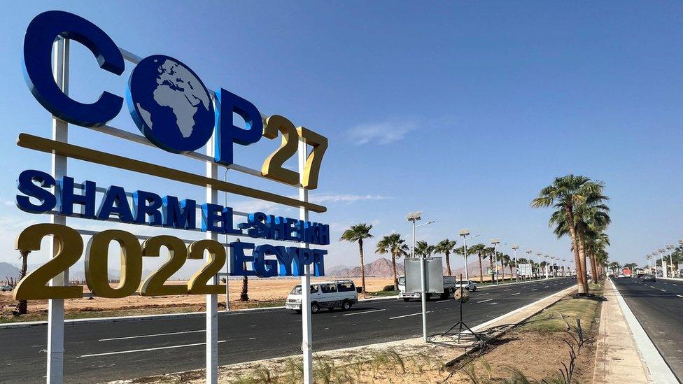 View of a COP27 sign on the road leading to the conference area in Egypt's Red Sea resort of Sharm el-Sheikh town