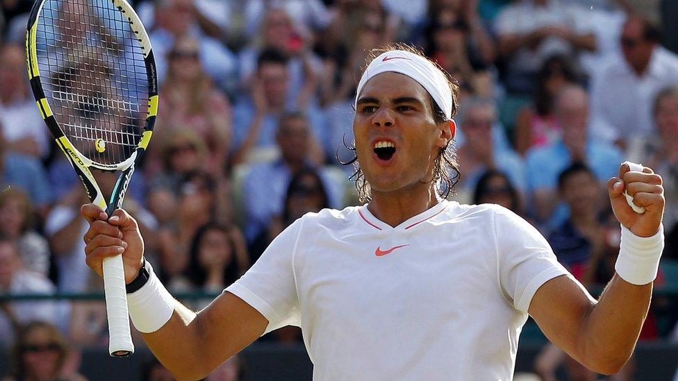 Rafael Nadal of Spain celebrates match point during his Quarter Final match against Robin Soderling at Wimbledon 2010