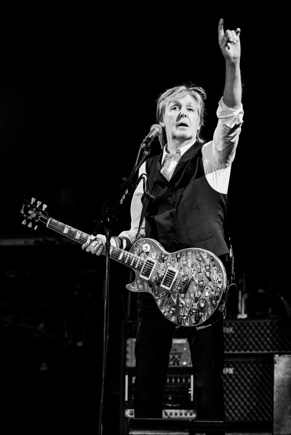 Sir Paul punches the sky during his Glastonbury performance