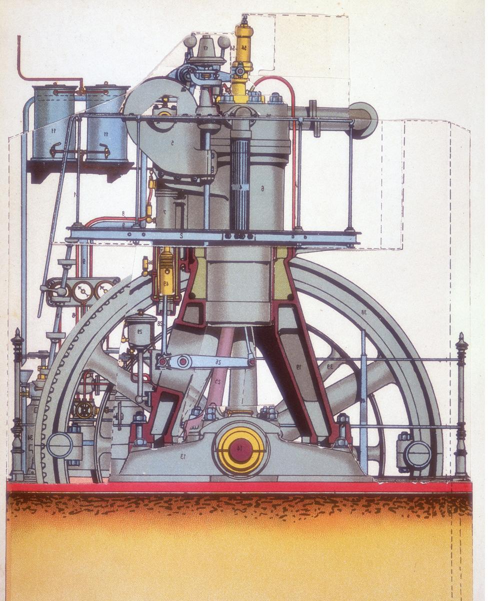 A plan drawing of the internal combustion engine invented by Rudolf Diesel in 1897