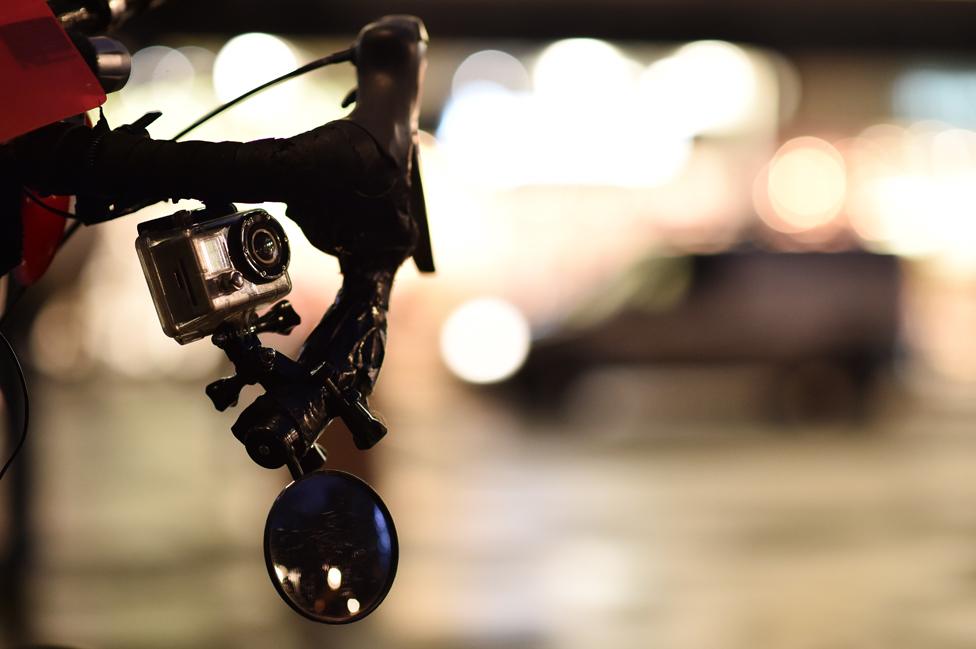 One of eight cameras on the bike belonging to London 'carriageway vigilante', cyclist Lewis Dediare, is seen in London on December 15, 2014.