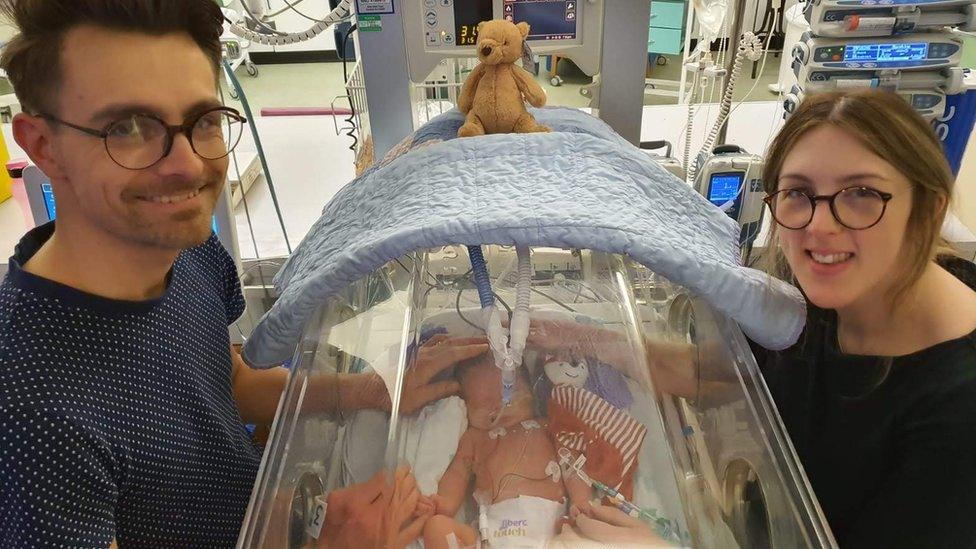 Charlotte and James with Attenborough in hospital