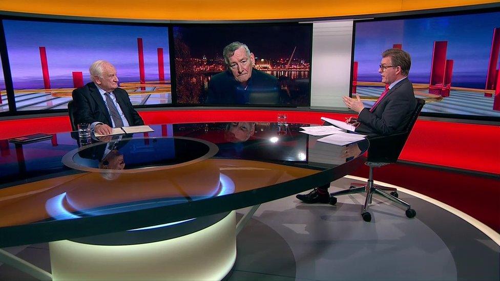 Studio in BBC NI, left, Lord Eames, centre, Denis Bradley in Foyle studio and right, presenter Mark Carruthers