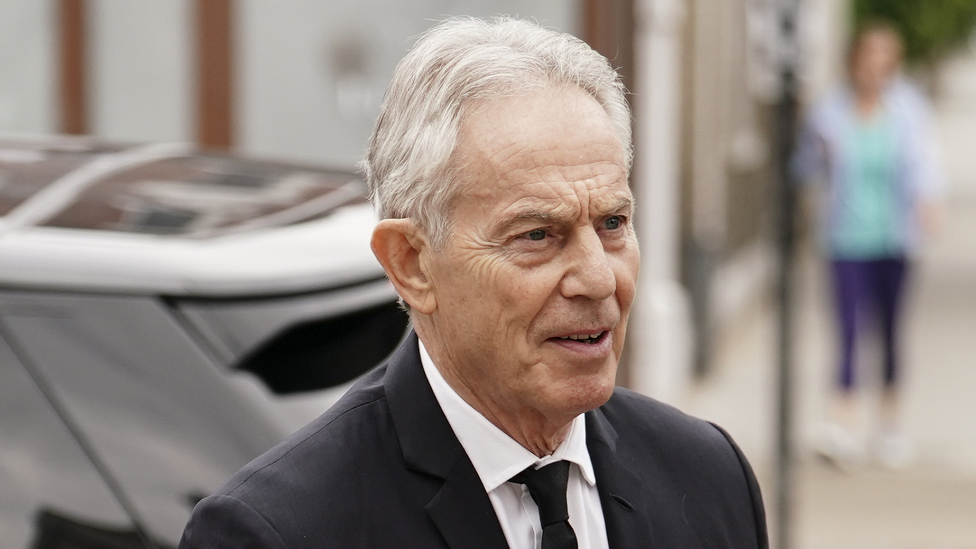 Tony Blair arriving for the Requiem Mass to celebrate the life of Baroness Margaret McDonagh at St Boniface RC Church in Mitcham, London in July