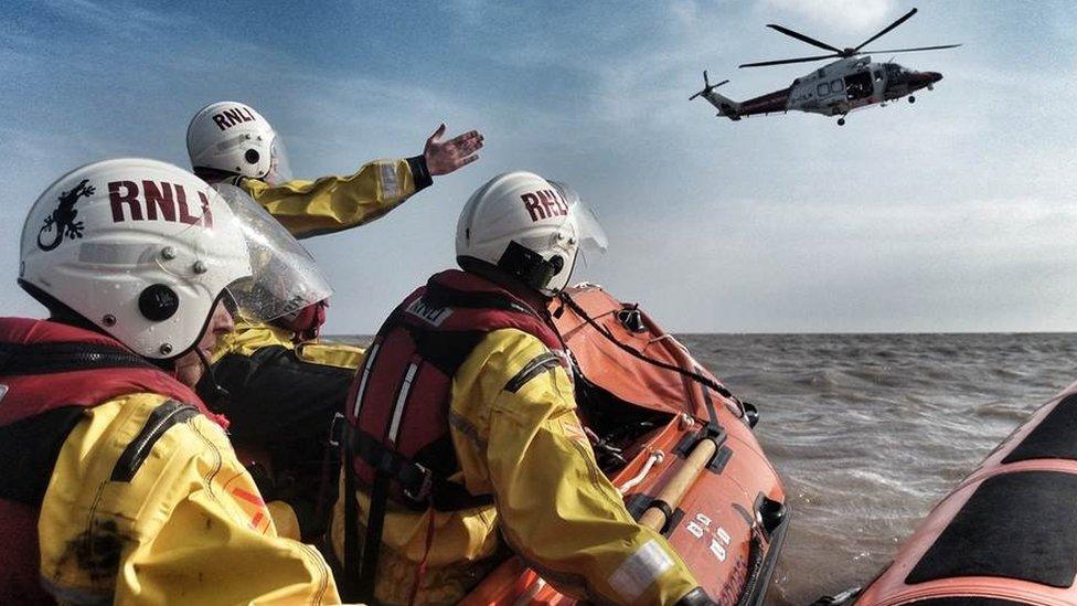 Penarth D Class lifeboat and Rescue Helicopter 187 during the Sully Island exercise in April