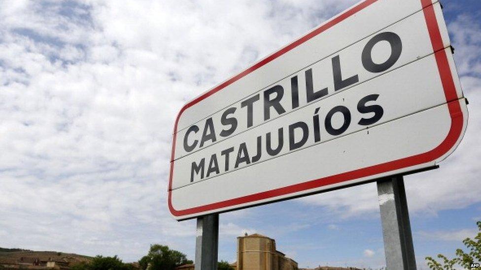 A road sign for Castrillo Matajudios ("Fort Kill Jews")