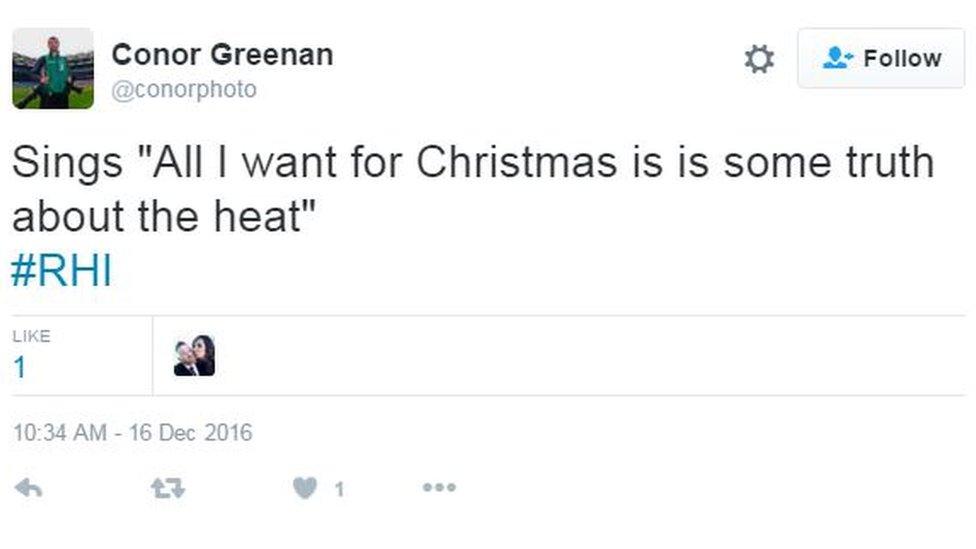 Tweet from Conor Greenan: Sings "All I want for Christmas is is some truth about the heat"