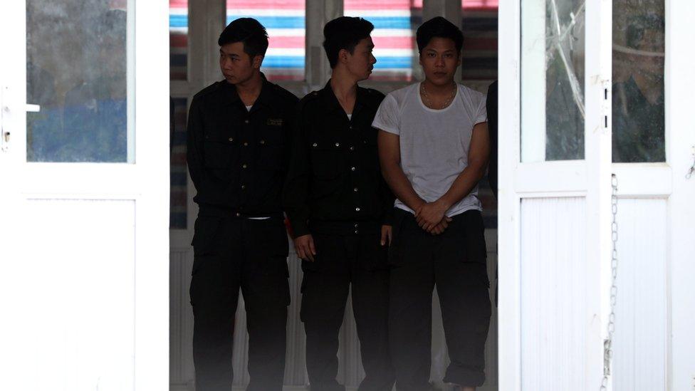 Hostages, who were originally held in a land dispute, wait to be released at the Dong Tam Commune on the outskirts of Hanoi, Vietnam, 22 April 2017