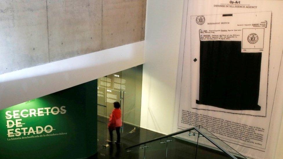 The entrance to the Museum of Memory and Human Rights in Santiago during an exhibition in October 2017 of declassified CIA documents that show US involvement in General Pinochet"s coup in 1973.