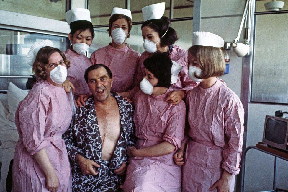 Britain's first heart transplant patient Frederick West pictured with nurses after recovering from a heart transplant operation