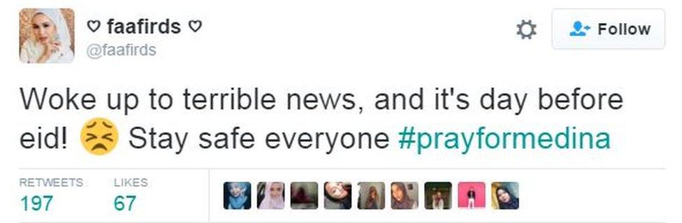 Screen grab from Twitter user faafirds which says: "Woke up to terrible news, and it's day before Eid: stay safe everyone"