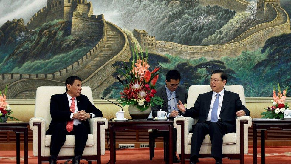 Philippines President Rodrigo Duterte (L) and Zhang Dejiang, Chairman of the Standing Committee of the National People's Congress of China hold a meeting at the Great Hall of the People in Beijing, China, 20 October 2016.