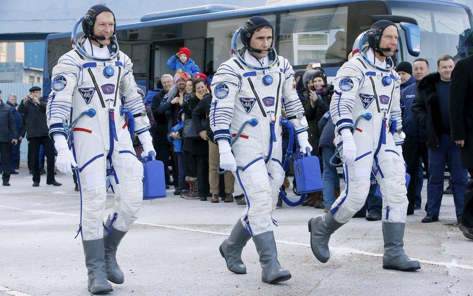 UK astronaut Tim Peake, Russian cosmonaut Yuri Malenchenko and US astronaut Tim Kopra