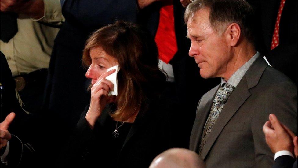 American student Otto Warmbier"s parents Fred and Cindy Warmbier cry as U.S. President Donald Trump talks about the death of their son after his arrest in North Korea during the State of the Union address