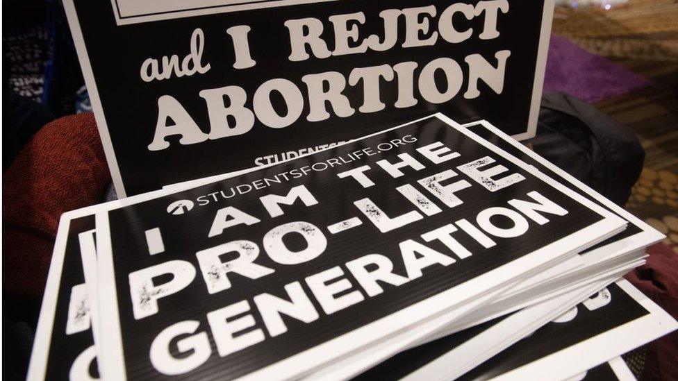 Pro-life signs are seen during the 2019 March for Life Conference and Expo, the day before an annual rally and march of pro-life activists that mark the anniversary of the 1973 Supreme Court case Roe v. Wade, which legalized abortion in the US, in Washington, DC, January 17, 2019