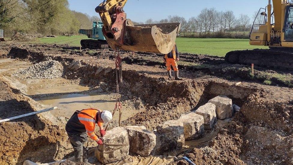 Purbeck stone boulders being placed by RTCT's contractors, Amenity Water Management Ltd