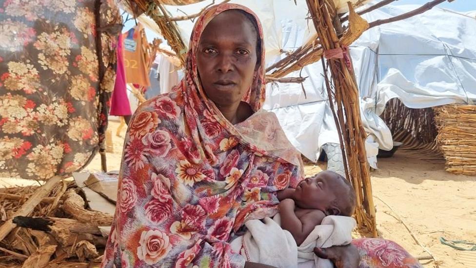 Arafa Adoum with her baby in a refugee camp in Chad