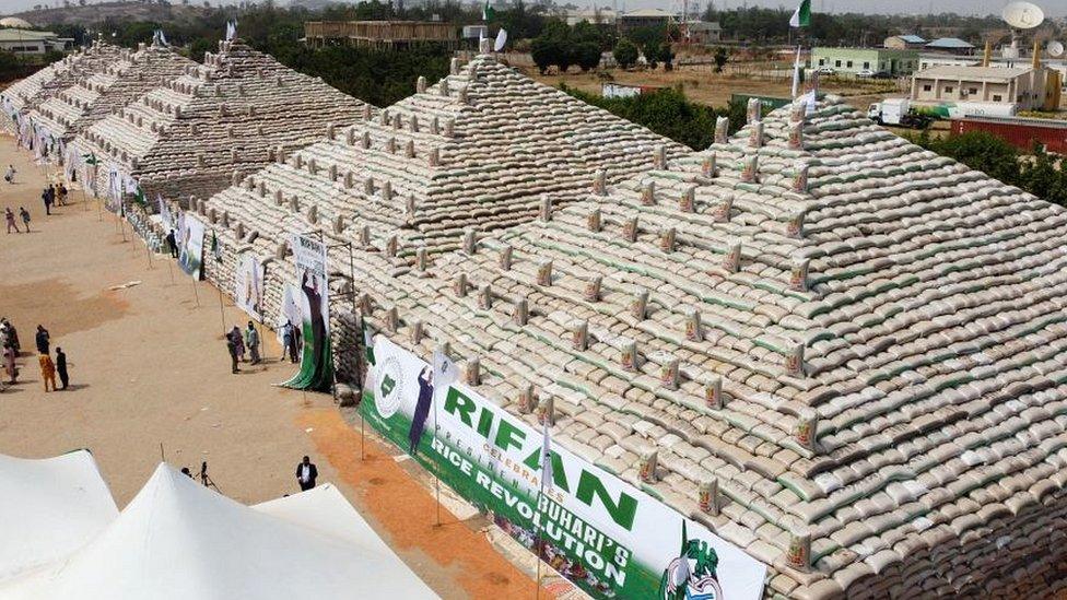 Pyramid of rice bags in Abuja