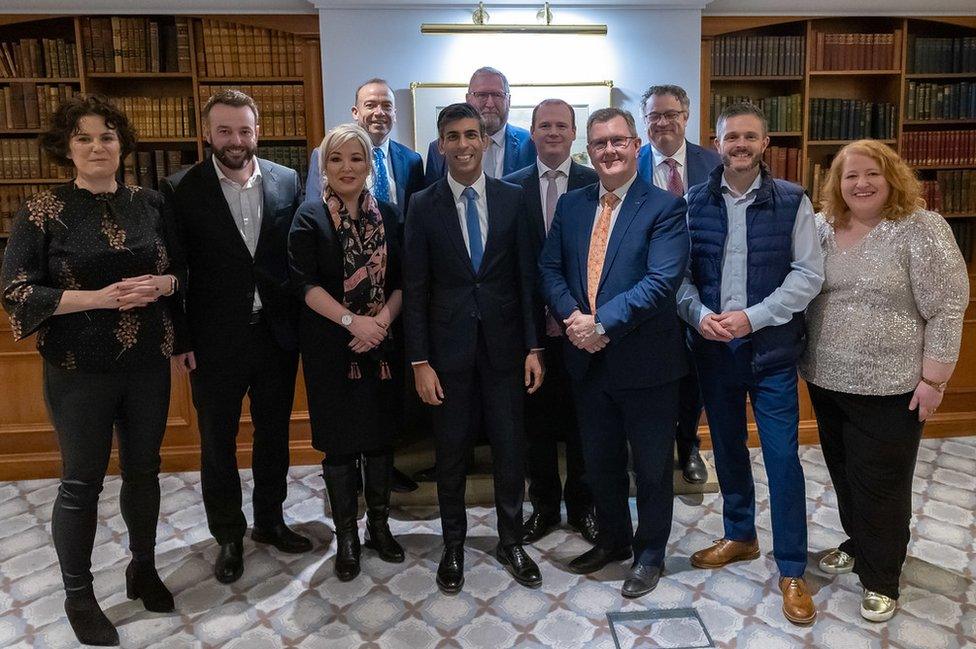 Clare Hanna, Colum Eastwood, Michelle O'Neill, Chris Heaton-Harris, Rishi Sunak, Doug Beattie, Gordon Lyons, Sir Jeffrey Donaldson, Stephen Farry, Robbie Butler and Naomi Long