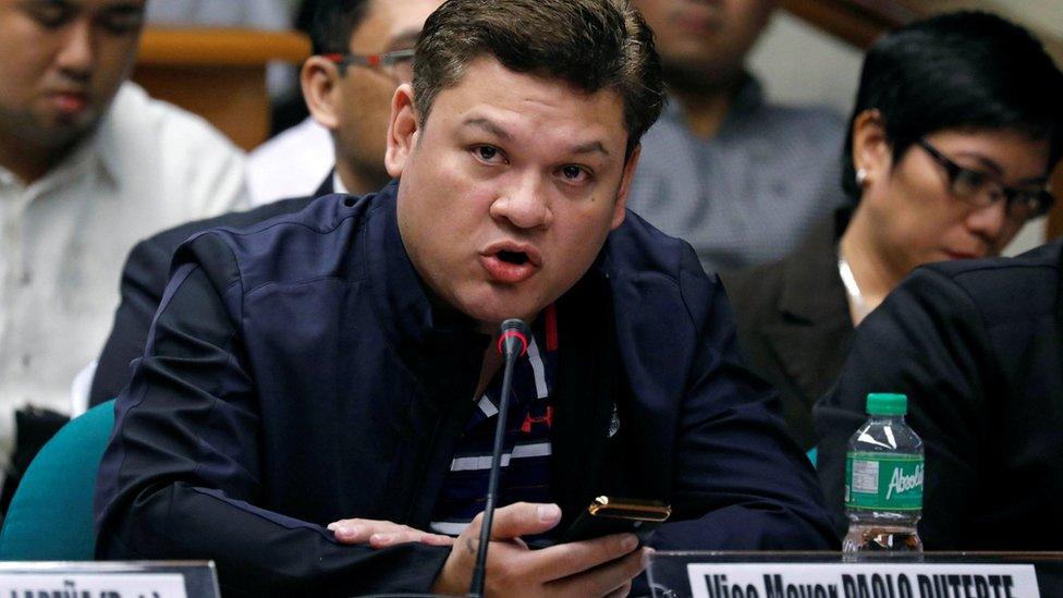 Paolo Duterte, Davao's Vice Mayor and son of President Rodrigo Duterte, testifies at a Senate hearing on drug smuggling in Pasay, Metro Manila, Philippines, 7 September 2017