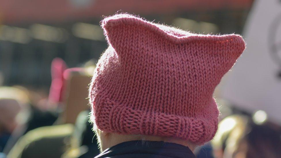 A woman wearing a Pussy Hat during the 2018 Womens March in New York City.