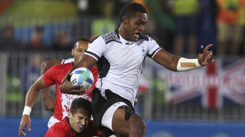 Viliame Mata runs with the ball for Fiji in the Olympic final against GB