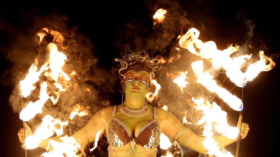 A member of the Beltane Fire Society takes part in the Samhuinn Fire Festival in Edinburgh