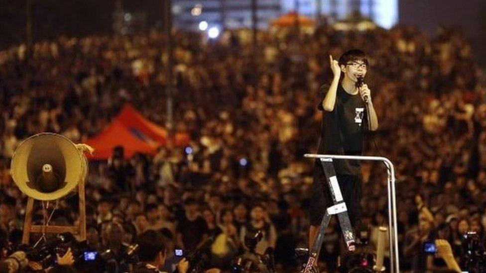 Joshua Wong addresses a crowd in Hong Kong on 1 Oct 2014