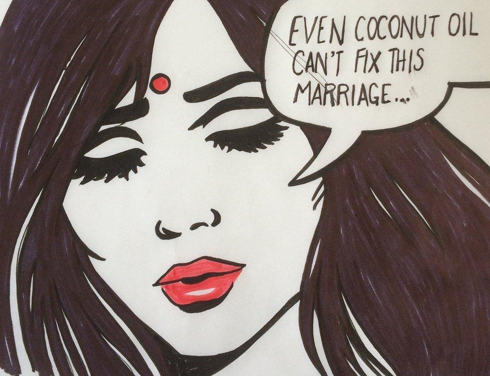 Doe-eyed woman with red lips and dark hair with a speech bubble stating 'even coconut oil can't fix this marriage'