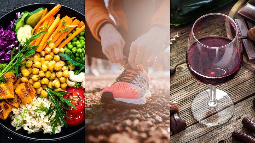 A Vegan meal, someone tying a trainer shoelace and a glass of wine