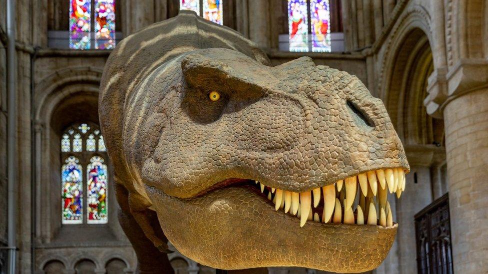 Model dinosaur in Peterborough Cathedral