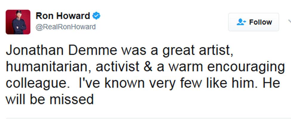 Ron Howard tweet: "Jonathan Demme was a great artist, humanitarian, activist & a warm encouraging colleague. I've known very few like him. He will be missed"