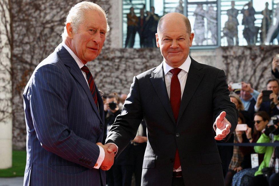 German Chancellor Olaf Scholz welcomes Britain's King Charles at the Chancellery in Berlin