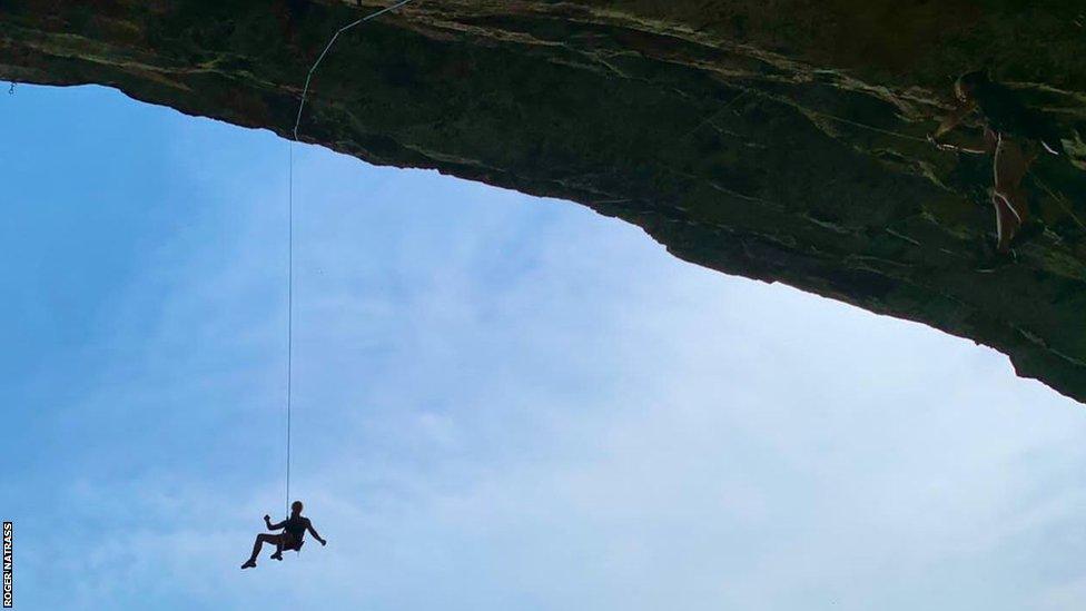 Erin Sterkenburg being lowered after completing a climb at the Galaxy Wall in Shongweni, South Africa