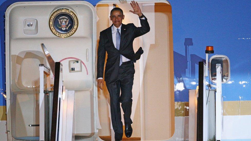 US President Barack Obama steps off Air Force One on his arrival at Stansted airport on 21 April 2016