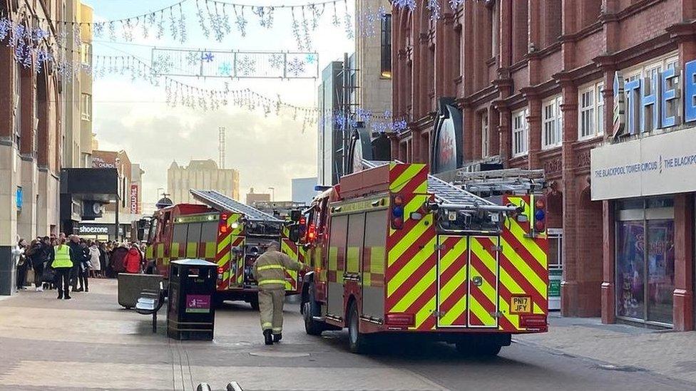 Fire engines at the scene at the bottom of the foot of Blackpool Tower