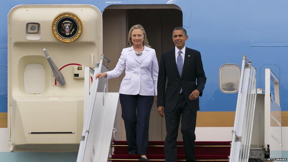 Hillary Clinton and Barack Obama visiting Burma in 2012