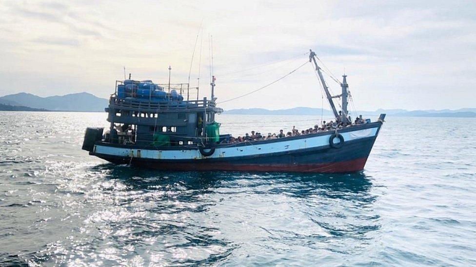 A boat carrying suspected ethnic Rohingya migrants is seen detained in Malaysian territorial waters, in Langkawi, Malaysia April 5, 2020