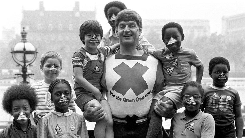 Dave Prowse as the Green Cross Code man