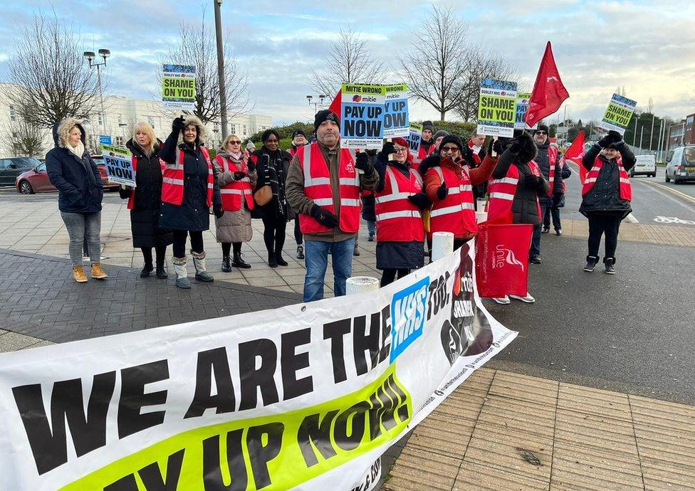 Workers from Unite on the picket line at Russells Hall hospital